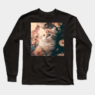 Cute Brown Kitten with flowers | White, brown and red cat with blue eyes | Digital art Sticker Long Sleeve T-Shirt